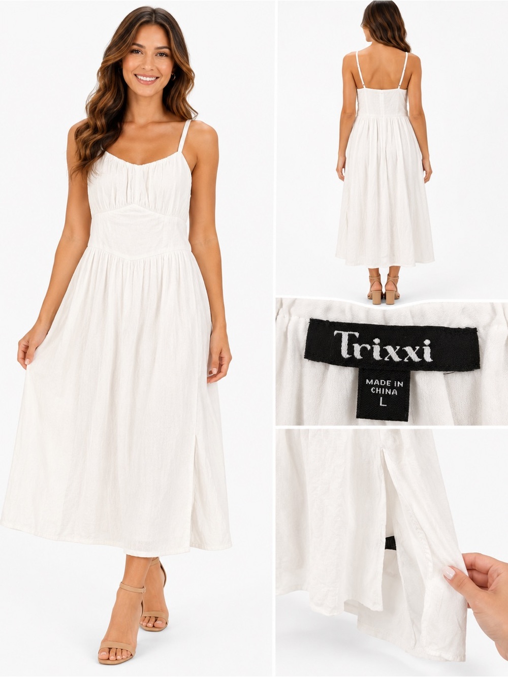 Trixxi Cream Spaghetti-Strap Midi Dress with Gathered Bodice